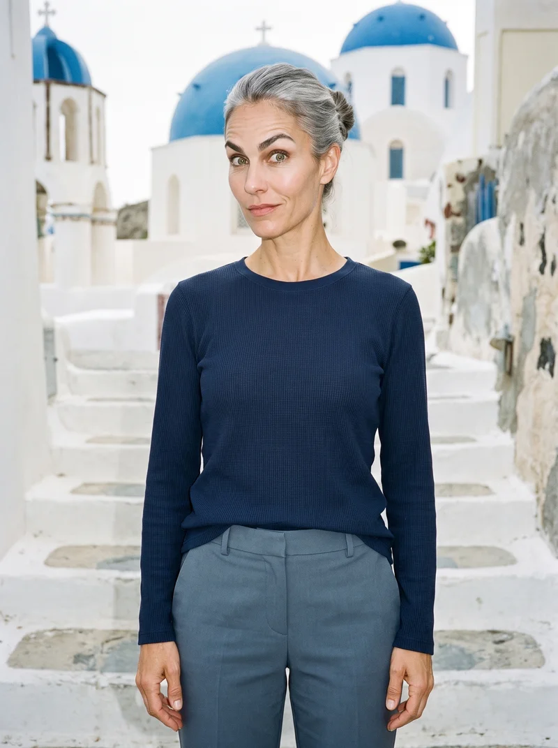 A 40-year-old Caucasian woman wears a women's navy long-sleeve thermal top in an upper-body, front-facing view with her arms relaxed and a curious expression. The photograph uses Santorini white steps as the backdrop.