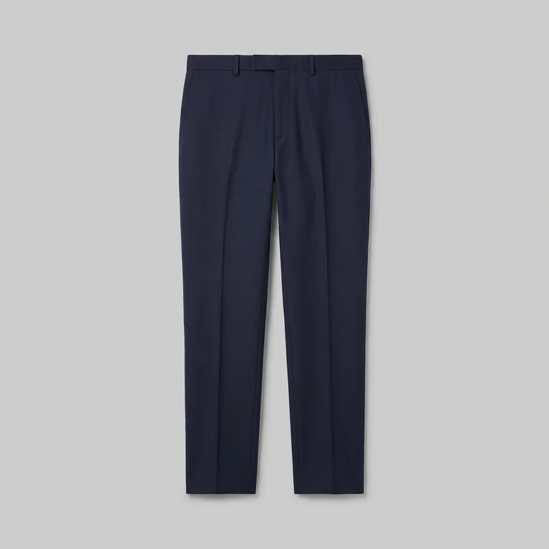 Men's navy wool suit trousers shown flat in a complete front view. The tailored trousers have a regular-to-slim tapered silhouette, structured waistband with belt loops, centered front fly area, slanted side pockets, pressed creases down the front of each leg, and full-length straight hems.