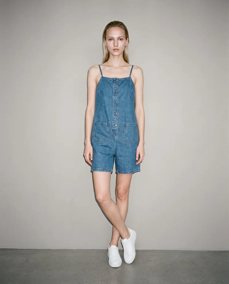 A 22-year-old Slavic woman wears a denim playsuit against a Couture Grey studio-wall backdrop. She is shown full body from the front with her ankles crossed and a neutral expression.