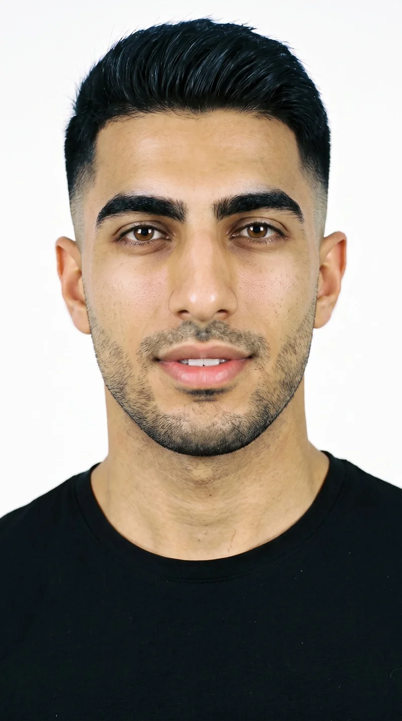 This 25-year-old Arab man has a medium olive skin tone with a greenish-golden undertone. His face is long, with more length than width, a tall forehead, and elongated cheeks. He has thick eyebrows, green eyes, and full lips. His black hair is styled in a fade, tapering from longer hair on top to very short sides that blend down to the skin. Fine, closely trimmed stubble lightly covers the beard area.