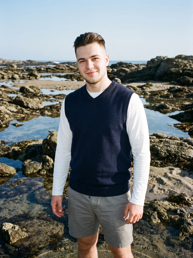 A 21-year-old Slavic male model wears a men's navy knit sweater vest in a three-quarter-length frame, shown from a front three-quarter angle with his weight shifted back and a smile. Tidal pool rocks form the backdrop.