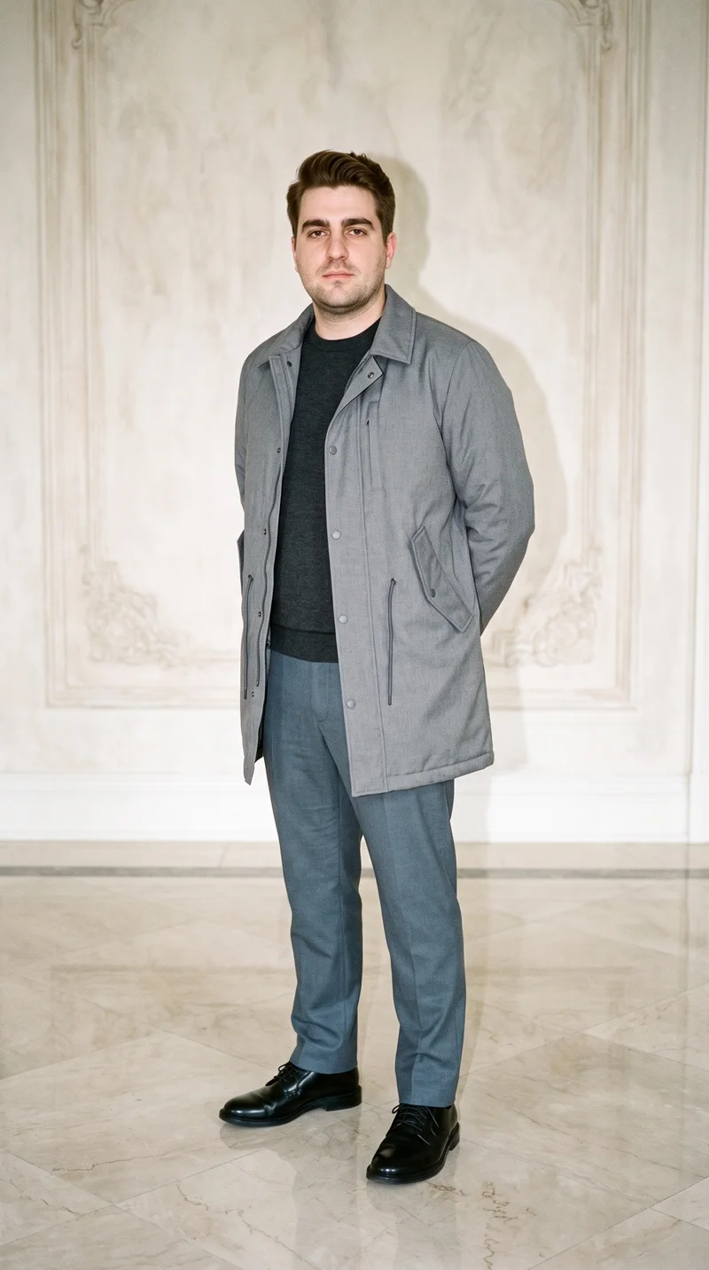 A 29-year-old Caucasian man wears a men's grey longline parka in a full-body view from a front three-quarter angle. He stands with his hands behind his back and a neutral facial expression, with a mansion foyer as the backdrop.