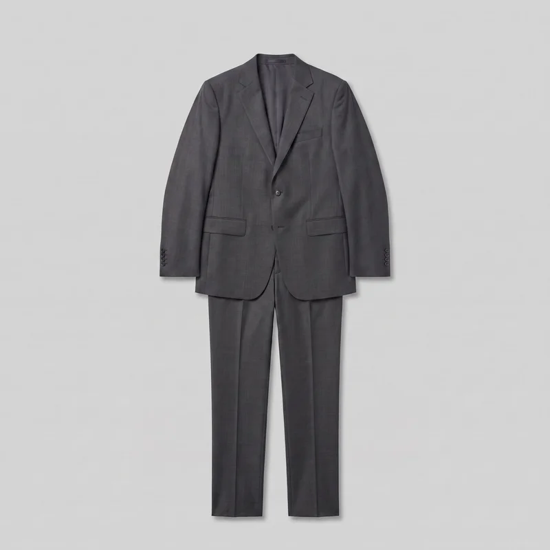 A men's charcoal grey two-piece tailored suit is shown from the front against a standalone product backdrop, with the jacket layered over matching straight-leg trousers. The single-breasted jacket has notch lapels, one of two front buttons fastened, a welt chest pocket, flap hip pockets, structured shoulders, and stacked cuff buttons. Most of the trousers are visible with pressed center creases and plain hems, and a subtle windowpane check runs across both pieces.