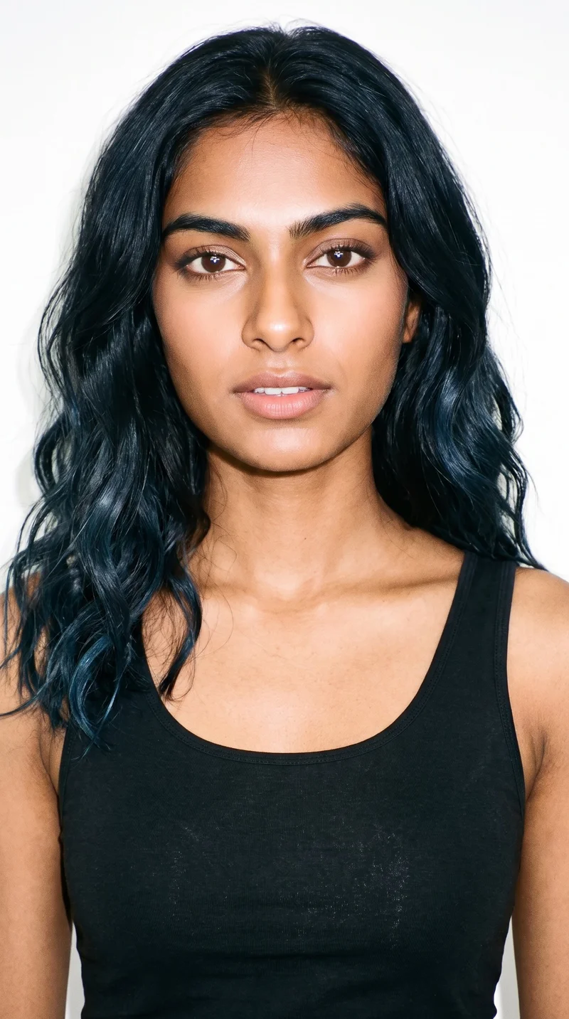 A 19-year-old Indian woman with medium-brown skin and a warm golden-olive undertone. Her face has a diamond shape, with a narrow forehead and jaw and cheekbones as the widest point. She has thick eyebrows, very dark near-black eyes, and medium-sized lips. Her deep black hair falls in loose, slightly tousled waves with natural volume.
