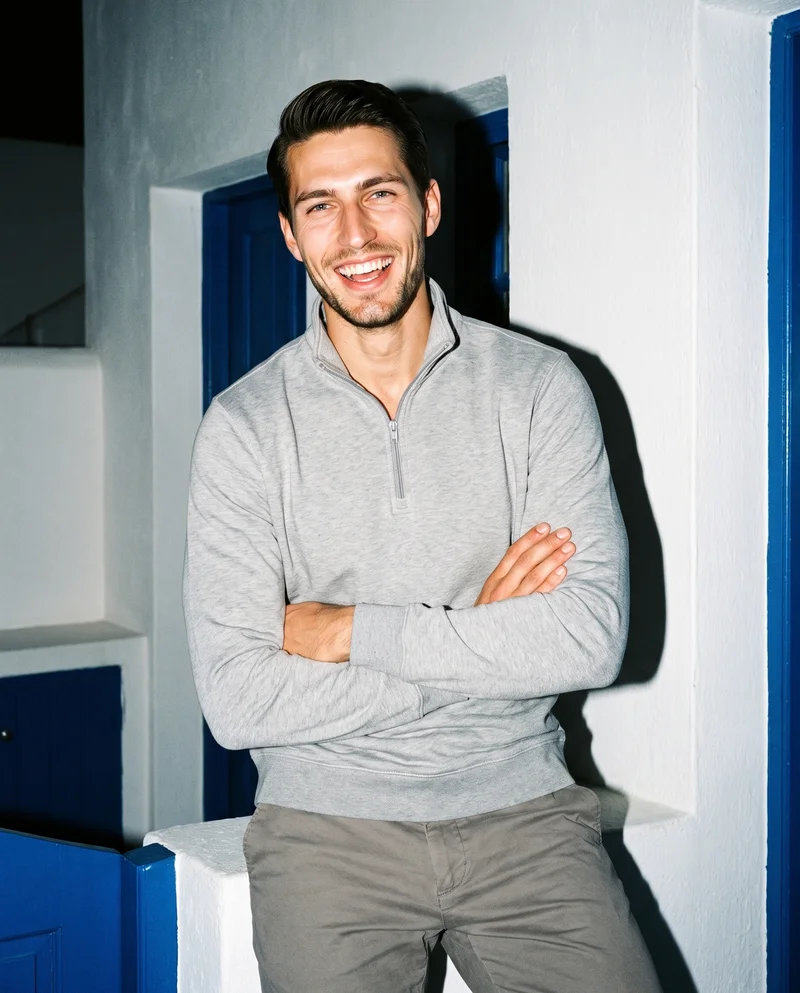 Men's Grey Quarter-Zip, Three-quarter length at Front, Flash Editorial lighting