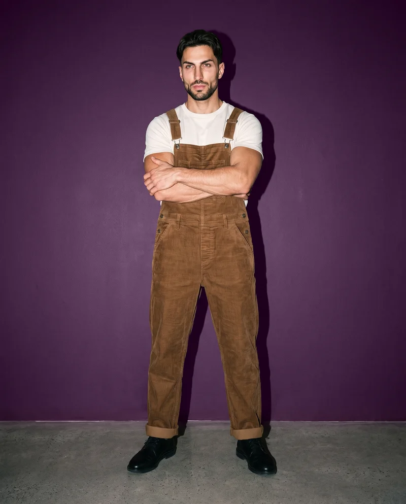 A 40-year-old Arab male model wears men's corduroy dungarees in a full-body front view, standing with his arms crossed and a soft facial expression. A deep plum studio-wall backdrop frames the scene.