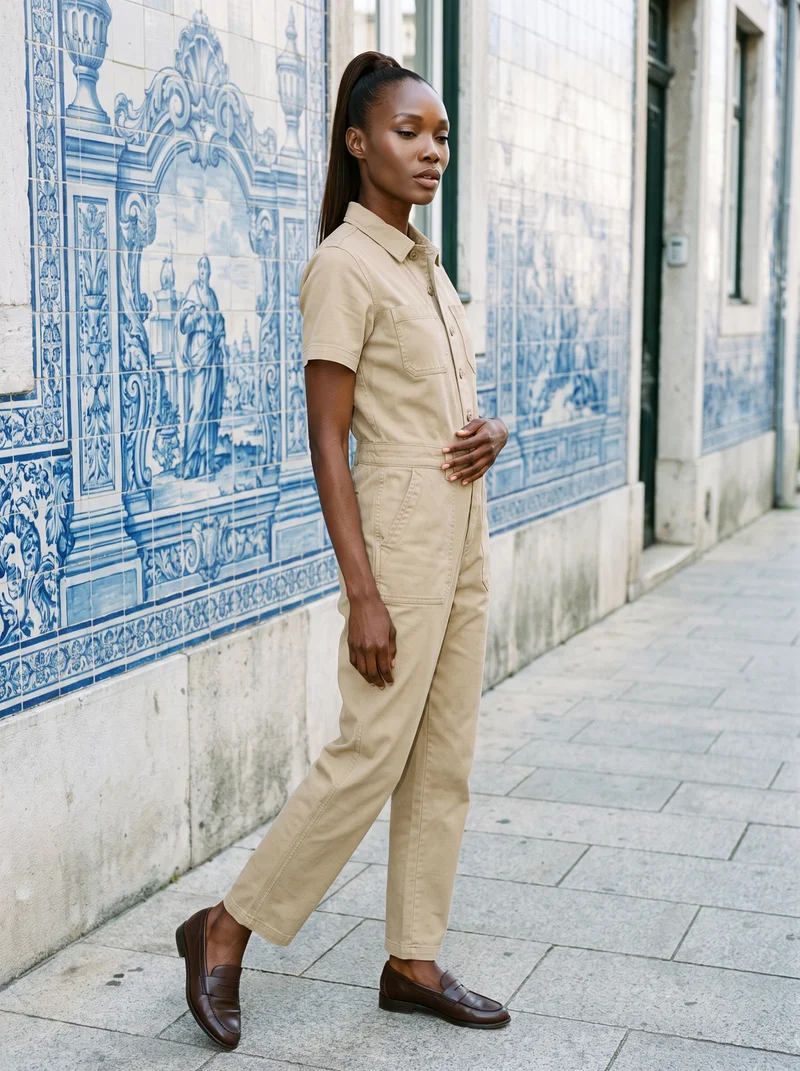 A 35-year-old African woman wears a khaki utility jumpsuit in a full-body view from a front three-quarter angle. She stands with one foot forward and a soft facial expression, against a Portuguese tile street backdrop.