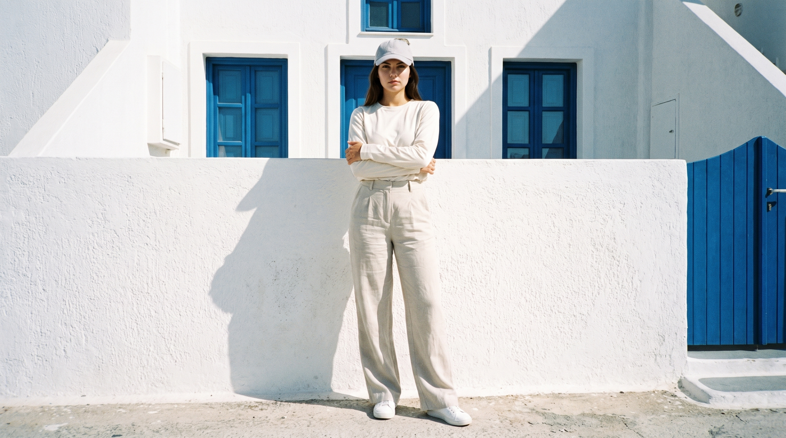 A 22-year-old Turkish woman wears a women's grey dad cap in a front-view environmental composition. She stands in a self-hug pose with an intense facial expression, against a Greek Villa White Blue backdrop.