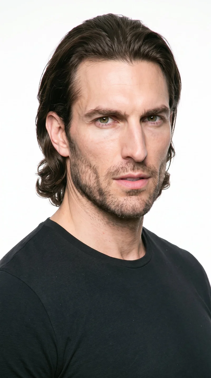 A 40-year-old Caucasian man with fair skin and a neutral undertone has a chiseled face with sharp, angular features, a defined jaw, and pronounced cheekbones. His medium-thickness eyebrows frame green eyes, and his lips are medium in fullness. Dark-brown hair is medium to long, brushed back with body and movement extending past the ears. Dense heavy stubble forms a dark, defined layer across the beard area.