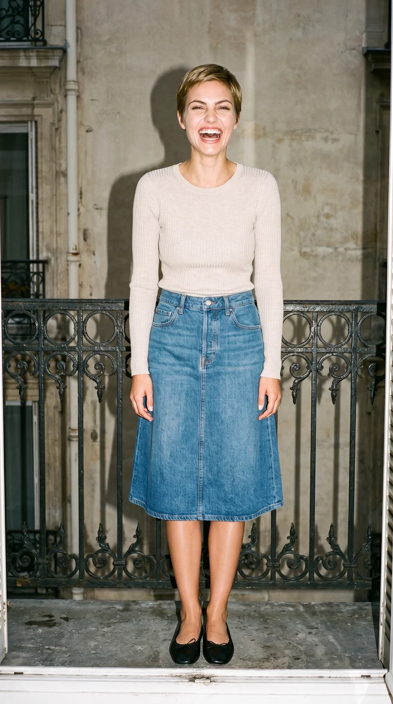 A 24-year-old Caucasian woman wears a mid-wash A-line denim skirt in a full-body front view. She is laughing and posed with a waist twist, with a Paris balcony backdrop.