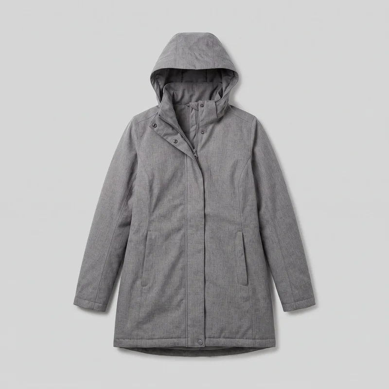 A grey longline hooded parka coat is shown laid flat in a complete front view. The raised hood, high stand collar, partially open upper zipper, full-length storm flap with snap fasteners, long sleeves, low vertical welt pockets, panel seams, and slightly longer curved back hem are visible.