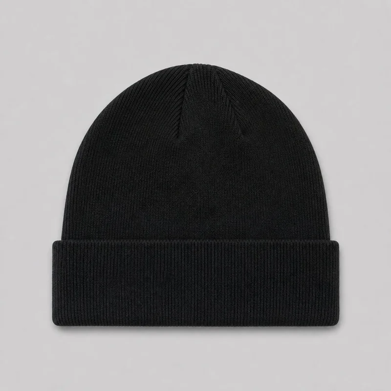 A black knit beanie is shown flat in a standalone front view. It has a close-fitting rounded dome crown, vertical rib knit texture, subtle crown-shaping seams, and a wide folded brim with denser ribbing. No closures, hardware, logos, prints, patches, embroidery, or embellishments are visible.