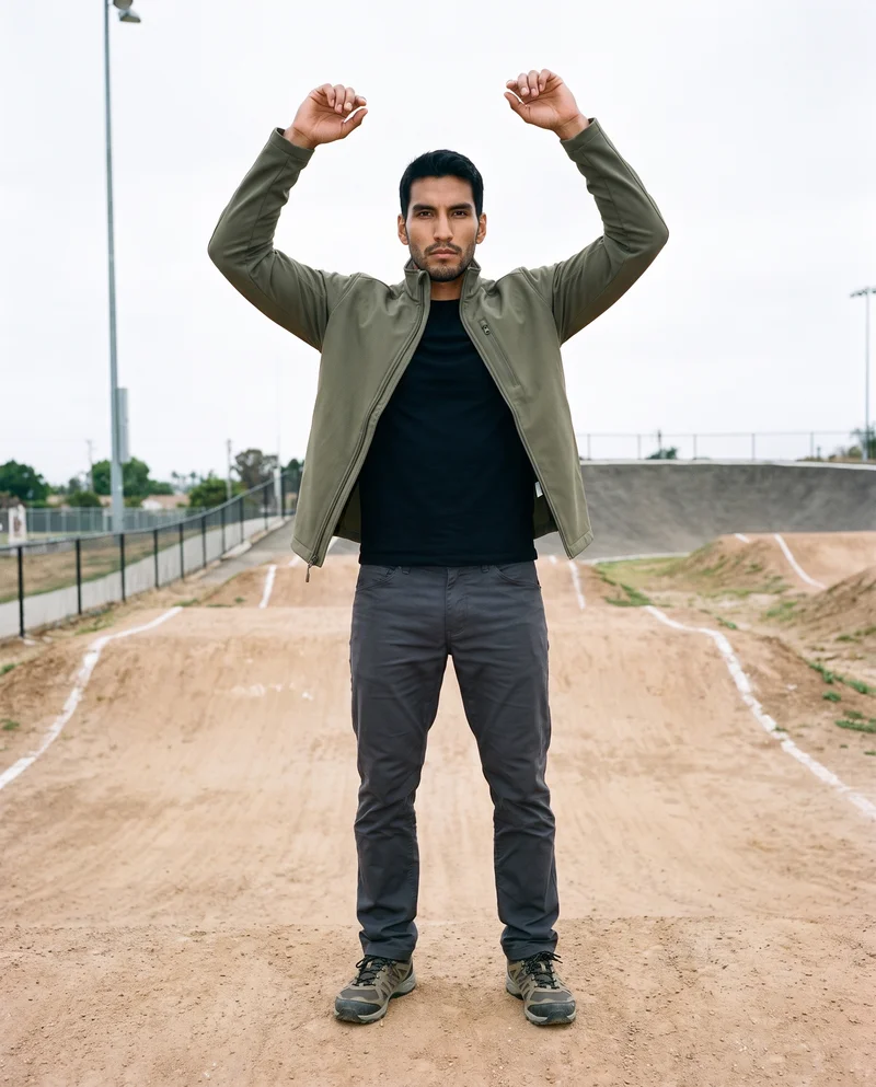 A 24-year-old Indigenous American man wears an olive softshell jacket in a full-body front view, standing with his arms overhead and an intense facial expression. A BMX track forms the backdrop.