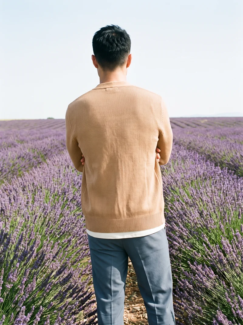 Men's Camel Longline Cardigan, Three-quarter length at Back, Clean Catalog lighting