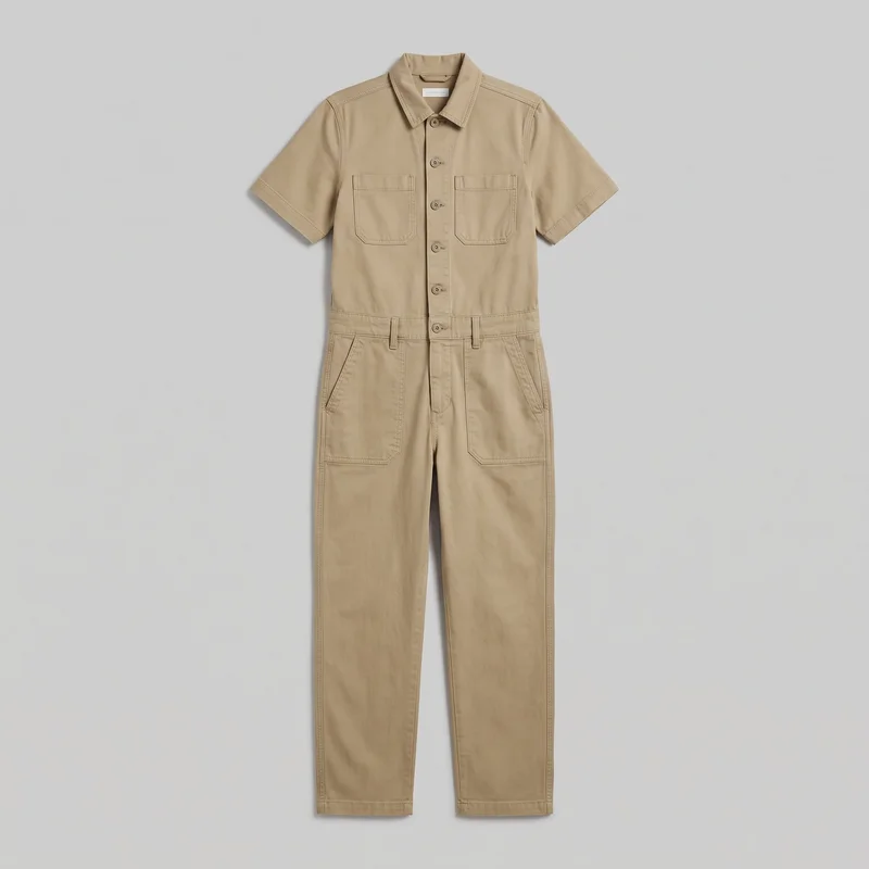 A khaki short-sleeve utility jumpsuit is shown in a full front flat-lay view. It has a pointed collar, full button closure, two square chest patch pockets, a waistband with belt loops, two large front hip pockets, and full-length straight legs with plain hems.