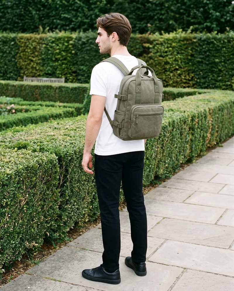 An 18-year-old Caucasian male model is shown full body from an angled rear view while carrying a men’s olive utility backpack on his back. A formal garden maze backdrop frames the scene.