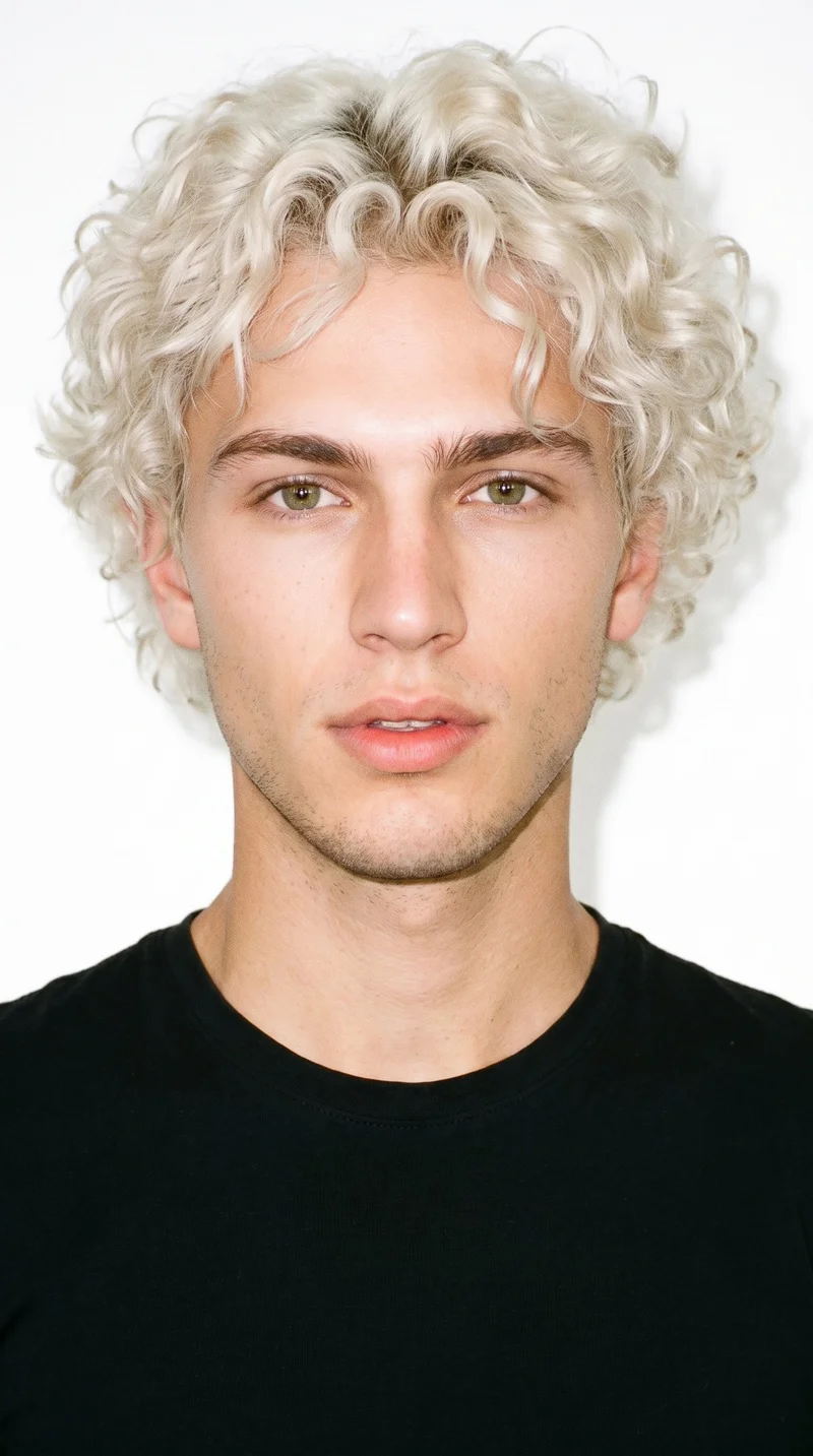 This 19-year-old Caucasian man has lightly tanned fair skin with a cool undertone. His oval face has balanced proportions and a softly rounded jaw, with thin eyebrows, hazel eyes containing green-gold flecks, and full lips. His very light, near-white blonde hair forms defined, springy curls with natural volume. He is clean-shaven, with smooth skin across the whole face.