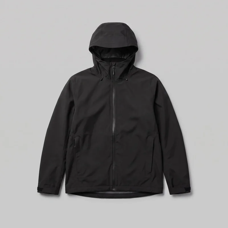 A mostly complete front view of a men's black hardshell jacket shown as a product-only image. The jacket has an attached hood with panel seams and drawcord ends, a high stand collar, a full-length centered zipper, long sleeves with adjustable cuff tabs, vertical body seam lines, lower side-entry hand pockets, and a straight hem with a slightly lower curved back edge.