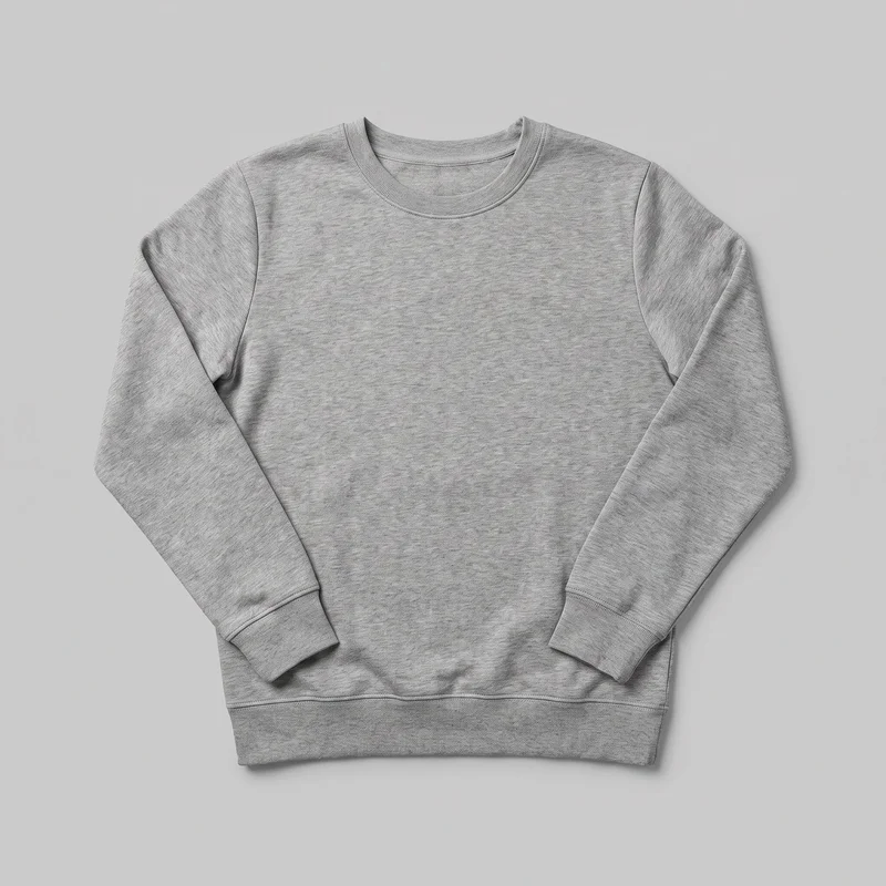 A grey women's crewneck pullover sweatshirt is shown laid flat in a standalone front view. The full-length garment has a regular straight silhouette, set-in long sleeves, a round ribbed neckline, ribbed sleeve cuffs, and a wide ribbed bottom hem, with visible shoulder, armhole, and trim stitching. No closures, pockets, logos, prints, patches, embroidery, or embellishments are visible.