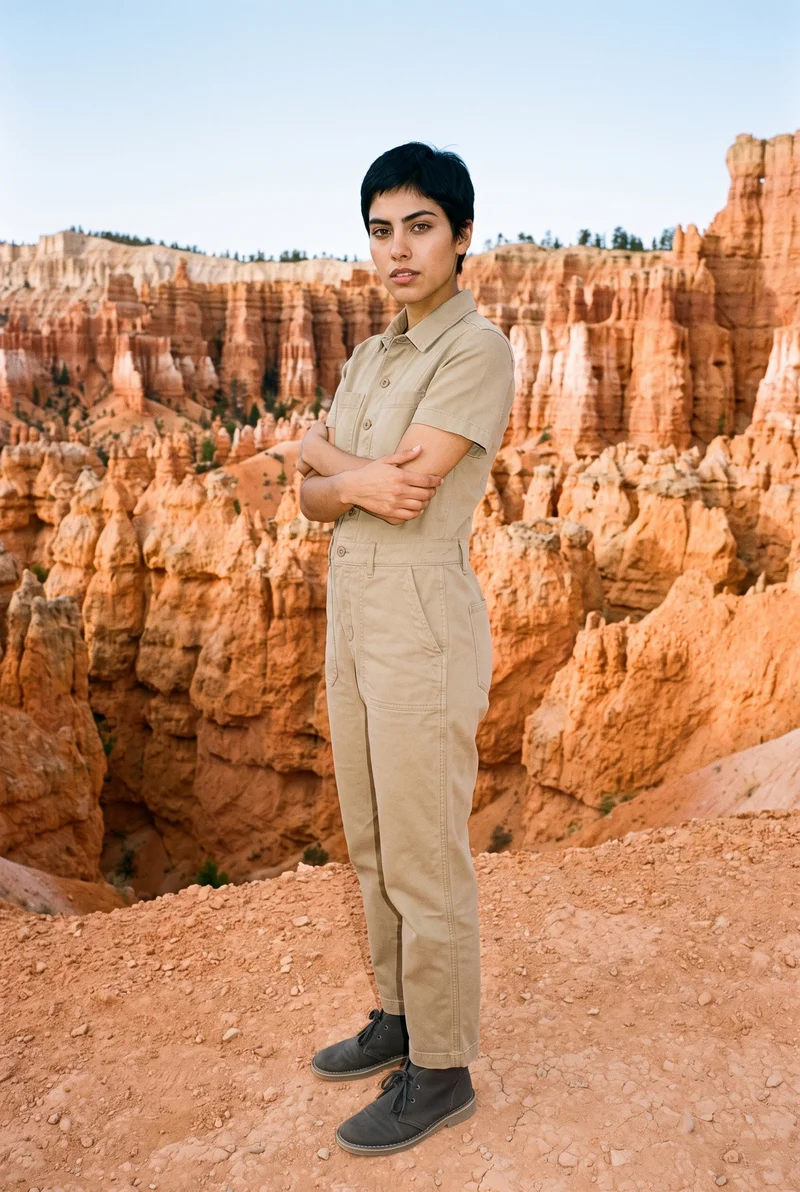 Khaki Utility Jumpsuit, Environmental at Three-quarter, Natural E-Commerce lighting