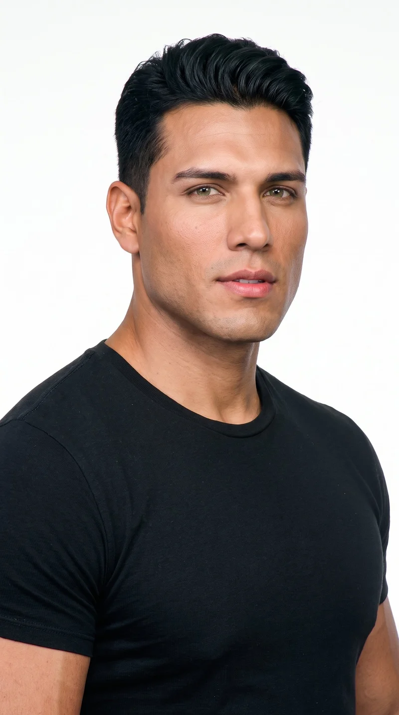 A 27-year-old Hispanic man with brown copper-toned skin and a warm golden undertone. His triangular face has a wide jaw that narrows toward the forehead, emphasizing the lower face. He has medium-thickness eyebrows, green eyes, and full lips. His deep black hair is styled in a taper, gradually shortened at the sides and neckline while retaining length on top. He is clean-shaven, with smooth skin across the face.