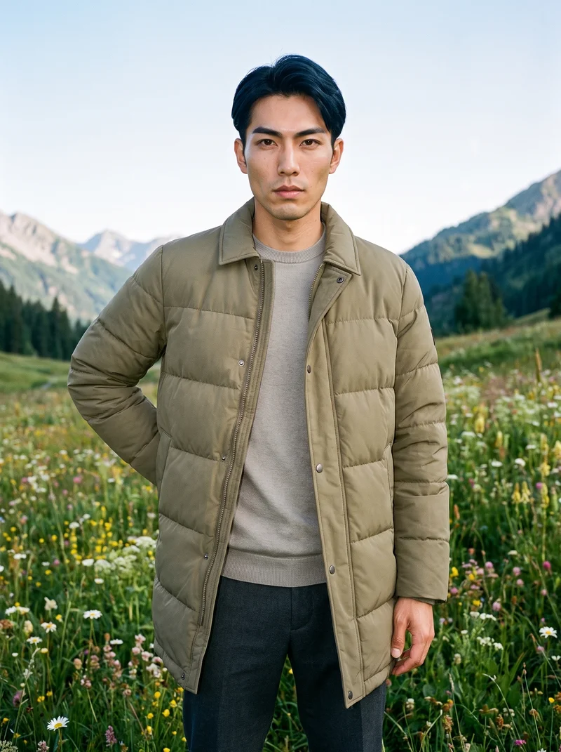 A 37-year-old Japanese man wears a men's khaki longline puffer jacket in a three-quarter-length front view, with one hand on his lower back and an intense expression. A wildflower mountain meadow forms the backdrop.