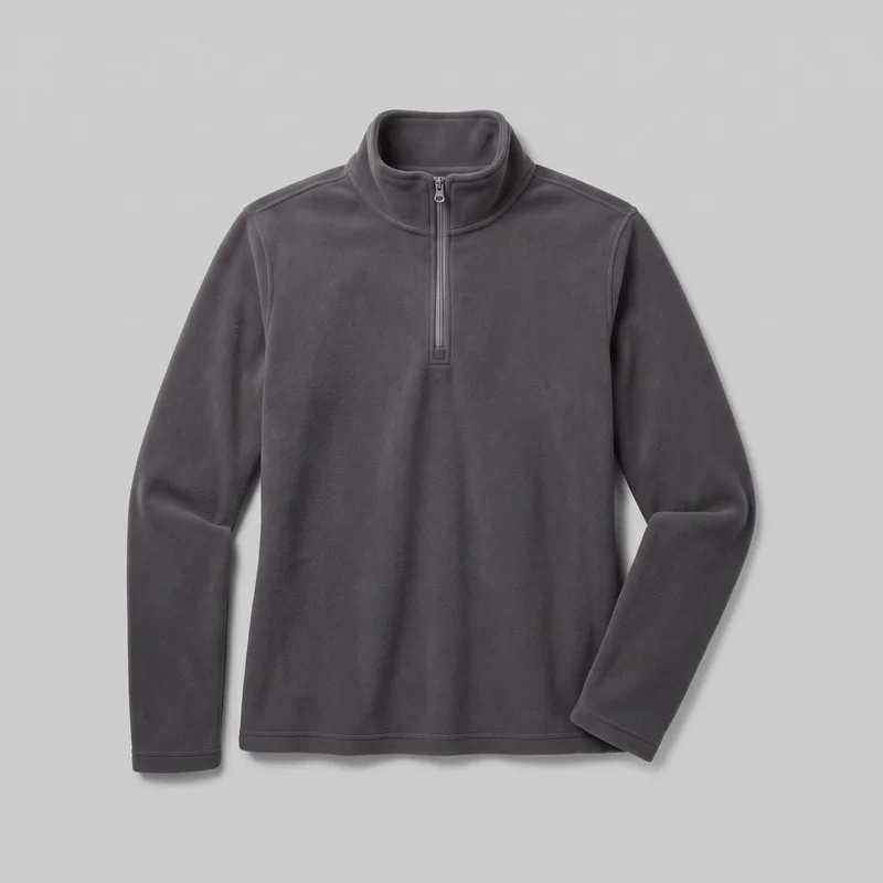 A charcoal fleece quarter-zip pullover is shown laid flat in a mostly complete front view. The long-sleeve garment has a straight, hip-length cut, raised stand collar, centered short zipper with ring pull, set-in sleeves, visible shoulder and armhole seams, stitched cuffs, and a straight stitched hem. Its surface has an even plush texture, with no visible pockets, logos, prints, patches, embroidery, or embellishments.