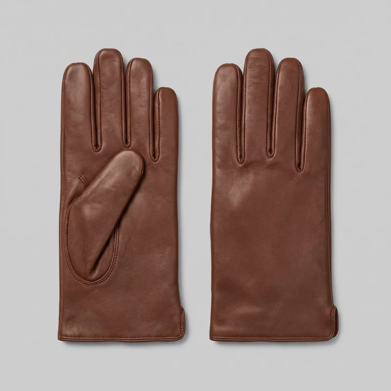 A pair of fitted brown leather gloves lies flat, with one glove showing the palm side and inset thumb and the other showing the back with long finger channels and raised seam edges. Both wrist-length gloves have rounded fingertips, smooth full-hand coverage, squared cuffs, stitched edging, and small side openings near the wrists.