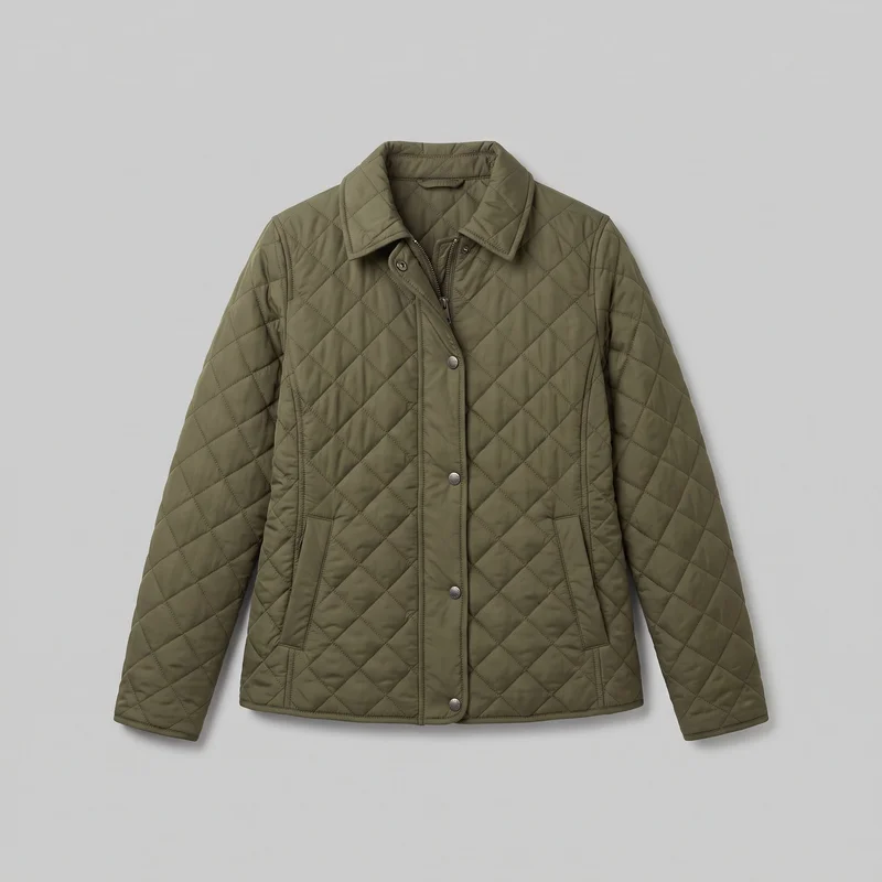 A mostly complete front view of a women’s olive quilted jacket laid flat against a backdrop. The hip-length jacket has an all-over diamond-quilted exterior, a fold-down point collar, long sleeves, a straight bound hem, and vertical front panel seams. Its center zipper is partly concealed beneath a snap-button storm placket with round metal snaps, and two lower front hand pockets have stitched rectangular or angled openings.