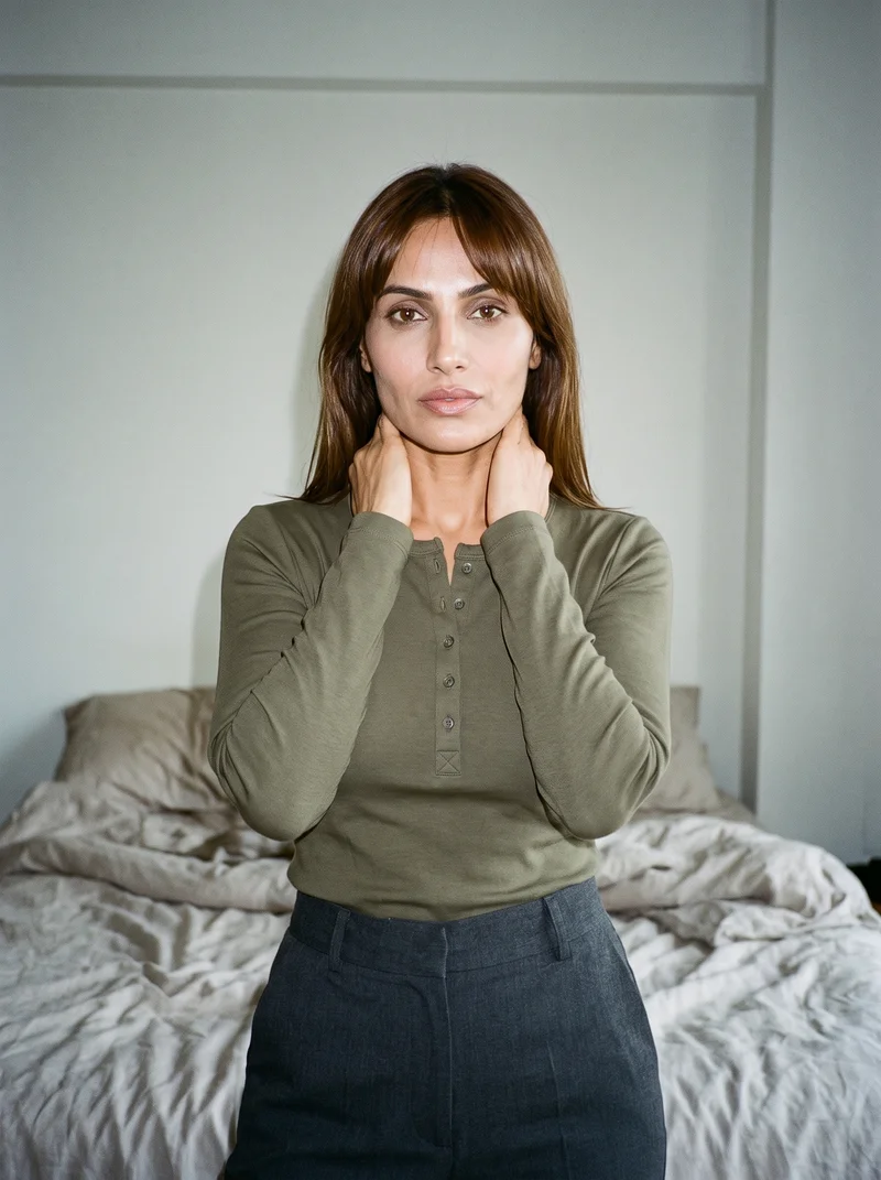Women's Olive Long-Sleeve Henley Top, Upper body at Front, Natural E-Commerce lighting