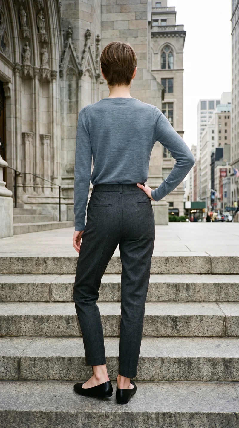 A 26-year-old Caucasian woman is shown full body from the back, standing with her weight shifted back and wearing black ballet flats. Cathedral steps form the backdrop.
