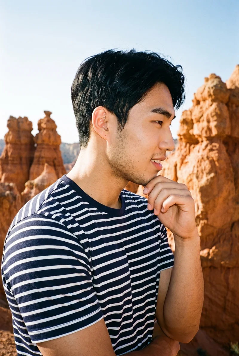 A 19-year-old Korean man is shown from the upper body in side view, wearing a striped cotton T-shirt with one hand at his chin and a smiling expression. Bryce Canyon hoodoos form the backdrop.