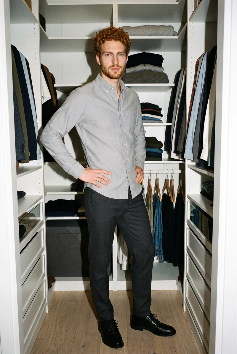 Grey Cotton Oxford Shirt, Environmental at Three-quarter, Clean Catalog lighting