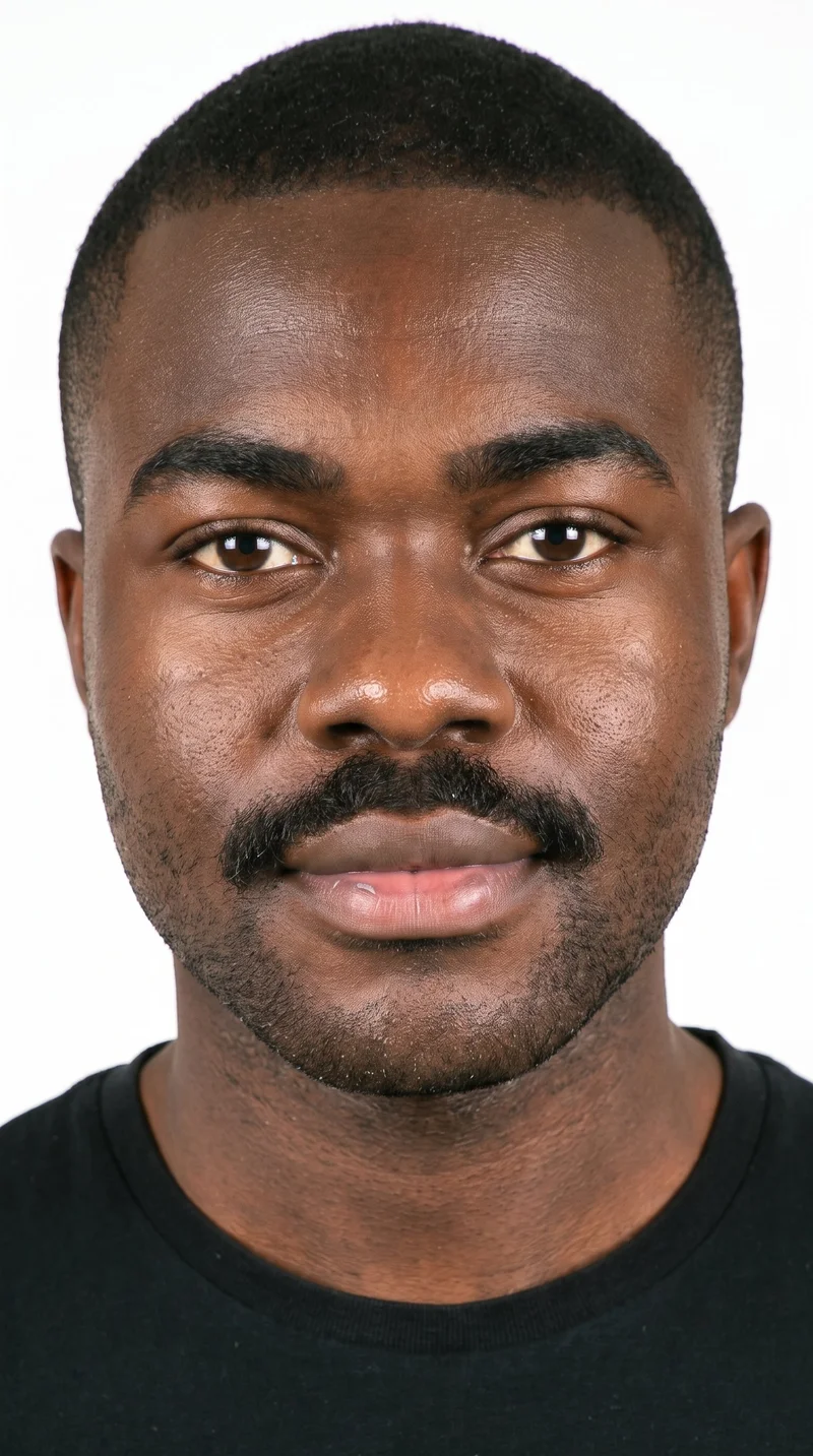This 26-year-old African man has very dark ebony-black skin with a warm golden undertone. His face is round, with soft, full contours, gentle curves, and few angles. He has thick eyebrows and hazel eyes with green-gold flecks. His lips are medium in fullness. His black hair is clipped very short and evenly in a buzz cut. He has a prominent full moustache paired with a shorter beard across the cheeks and jaw.