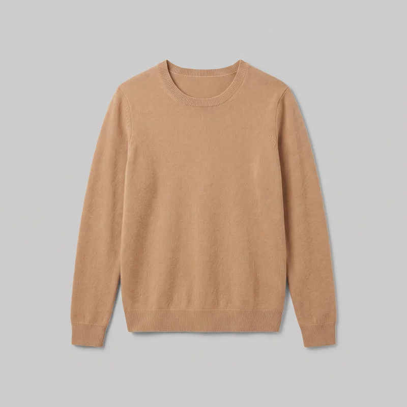 A complete front view of a camel cashmere knit crewneck pullover sweater laid flat. It has a regular straight silhouette, long sleeves with ribbed cuffs, a ribbed crew neckline, a ribbed straight bottom hem, and a fine plain-knit surface with subtle shoulder and armhole seams.