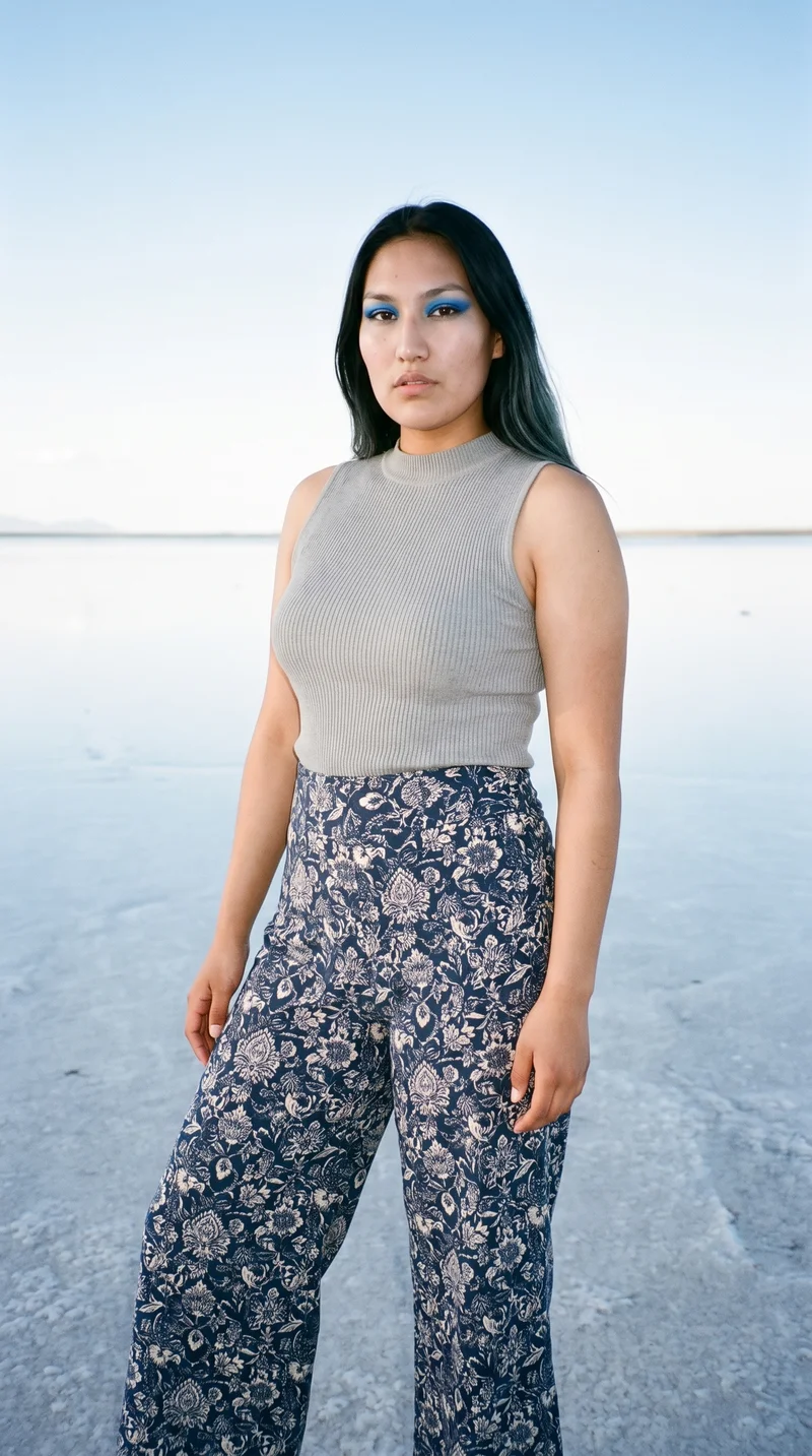 An 18-year-old Indigenous American woman wears printed palazzo trousers in a three-quarter-length view from a front three-quarter angle. She stands in a relaxed pose with a natural facial expression, against a salt flats reflection backdrop.