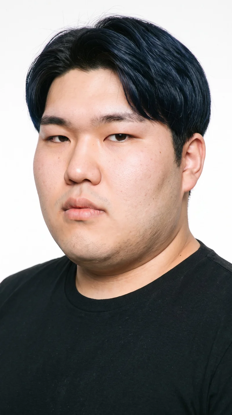 A 20-year-old Japanese man with fair skin and a neutral undertone has a square face defined by a broad forehead and strong, angular jaw. His eyebrows are thin, and his brown eyes contrast with his deep black hair. His two-block hairstyle has short sides and back with a longer, fuller top. He has thin lips and is clean-shaven, with smooth skin across the face.