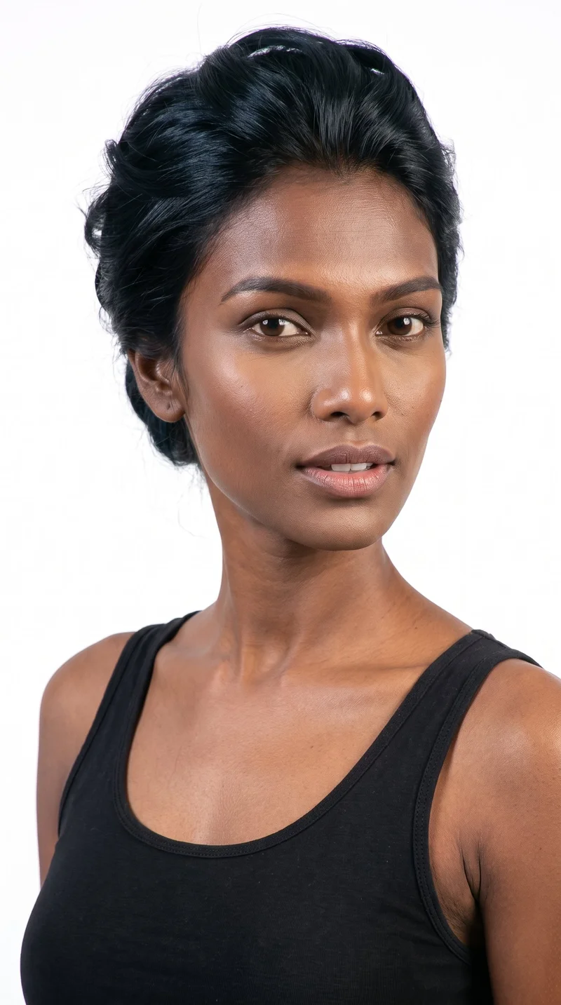 A 34-year-old Indian woman with dark-brown skin and a warm golden undertone. Her oval face has balanced proportions and a softly rounded jaw. She has medium-thickness eyebrows, brown eyes, and full lips. Her deep black hair is pinned up off the neck into a formal updo.