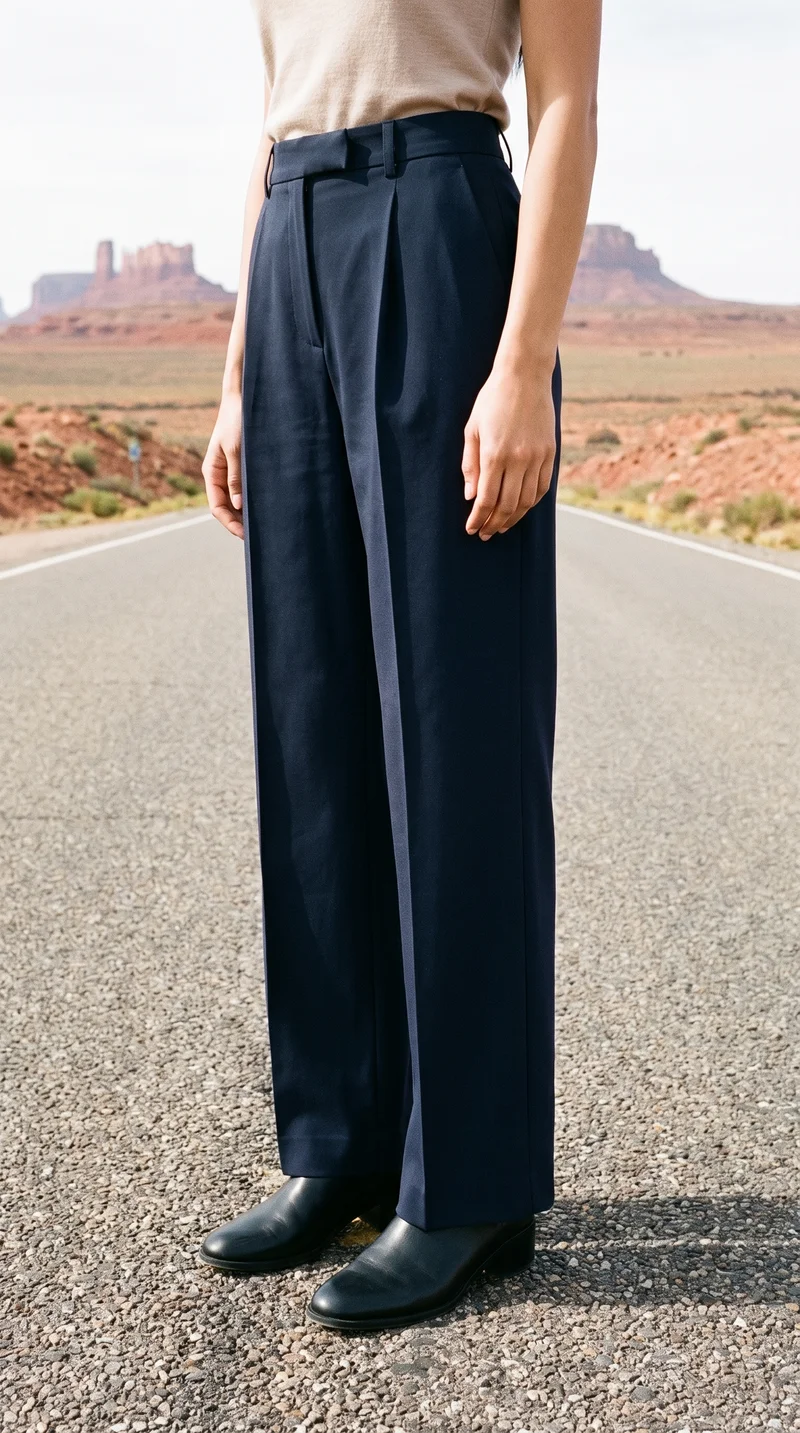 Navy tailored wide-leg trousers shown on a model in a lower-body crop from a front three-quarter angle, with her feet together. A Monument Valley road backdrop is visible.