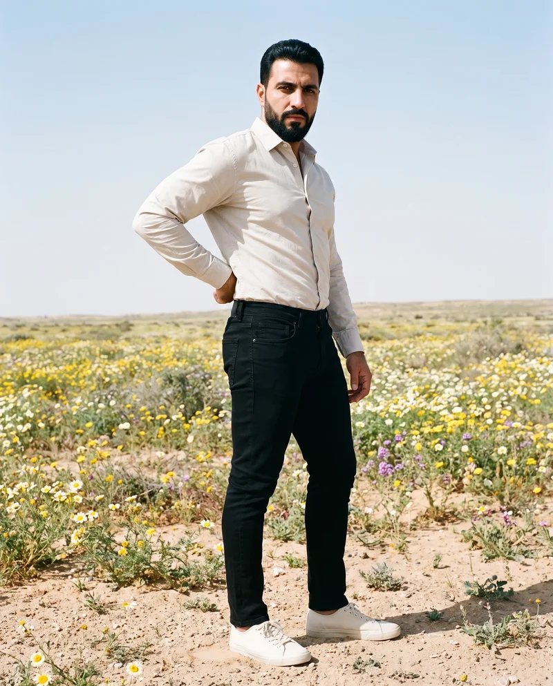 A 42-year-old Arab male model wears black skinny jeans in a full-body view from a front three-quarter angle. One hand rests on his lower back, and his expression is neutral. A desert wildflower bloom serves as the backdrop.