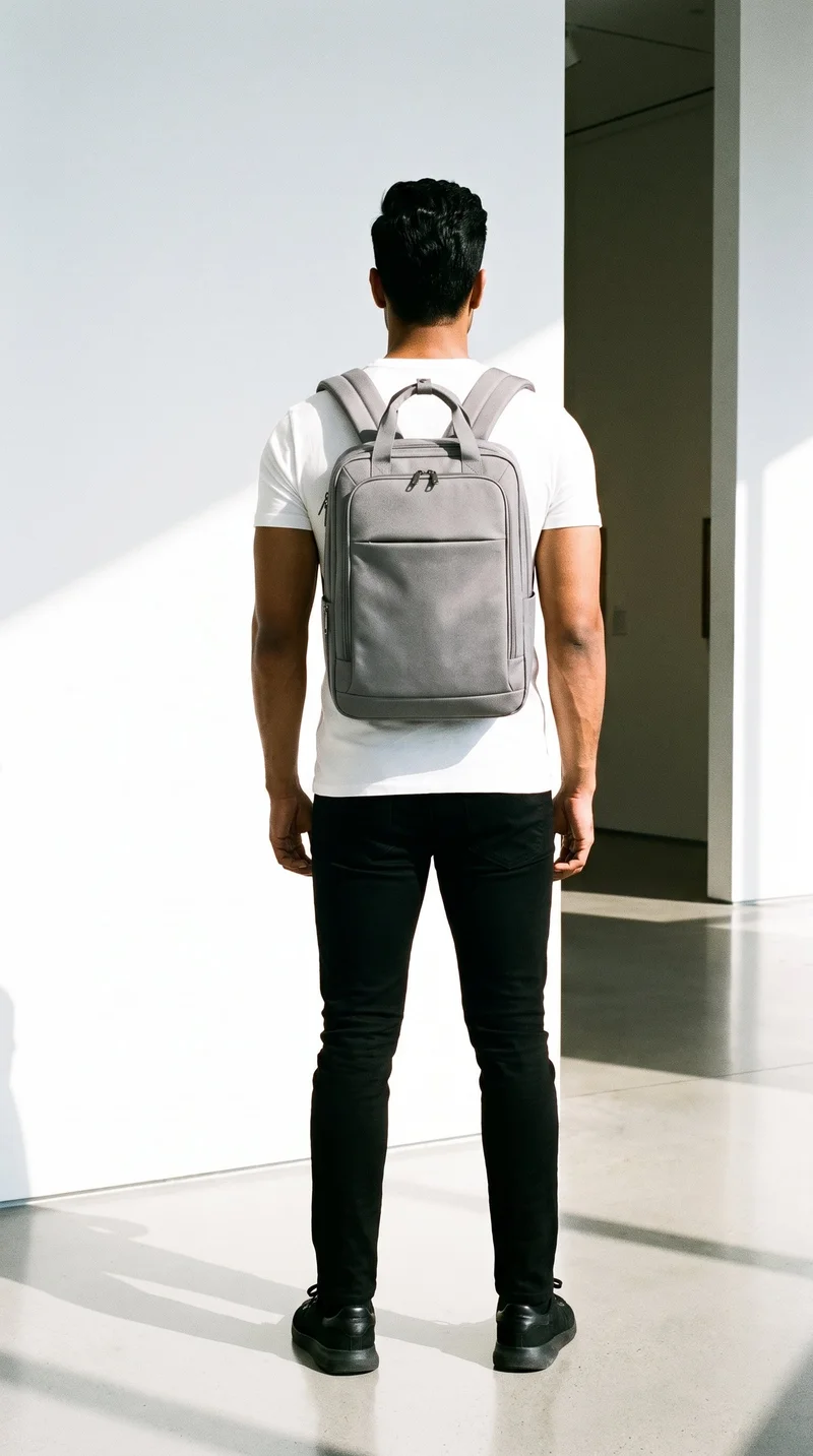 A 28-year-old Indian man is shown full body from the rear while carrying a grey laptop backpack on his back. The contemporary art white atrium appears as the backdrop.