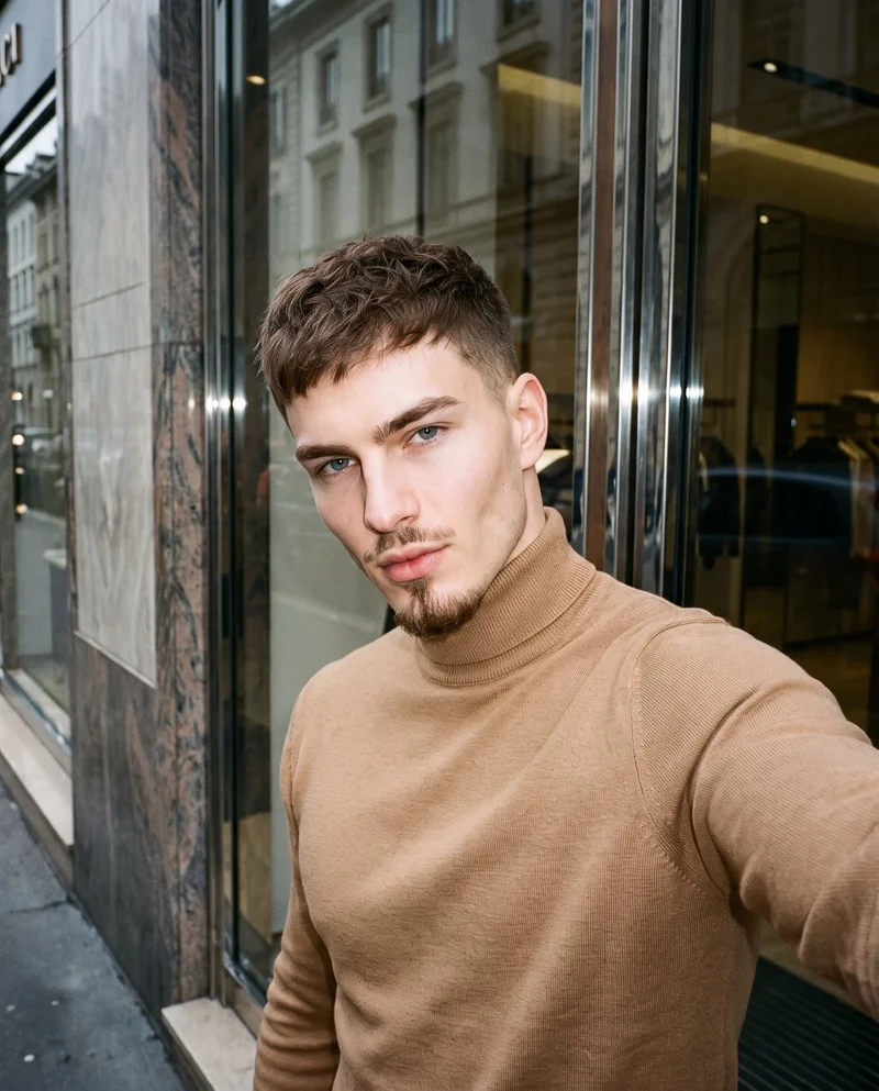 A 24-year-old Caucasian man wears a camel roll-neck in a front-facing selfie. His head is tilted and his expression is confident, with a luxury boulevard storefront backdrop.