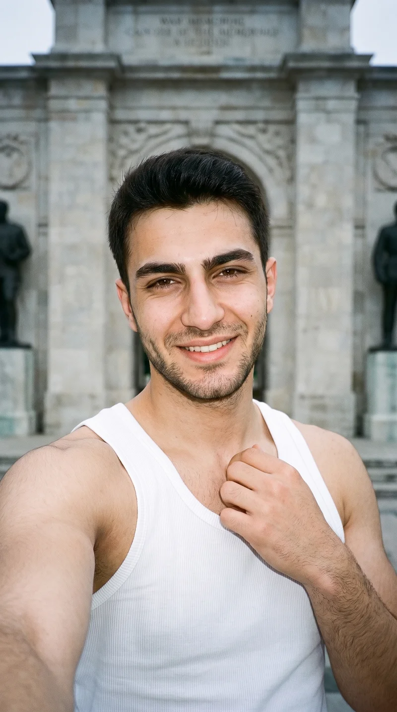 White Ribbed Vest, Selfie at Front, Clean Catalog lighting