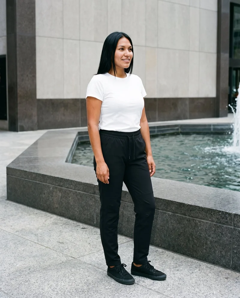 A 27-year-old Indigenous American woman models black hiking trousers in a full-body, angled-front view. She stands straight and smiles, with a Fountain Plaza backdrop.