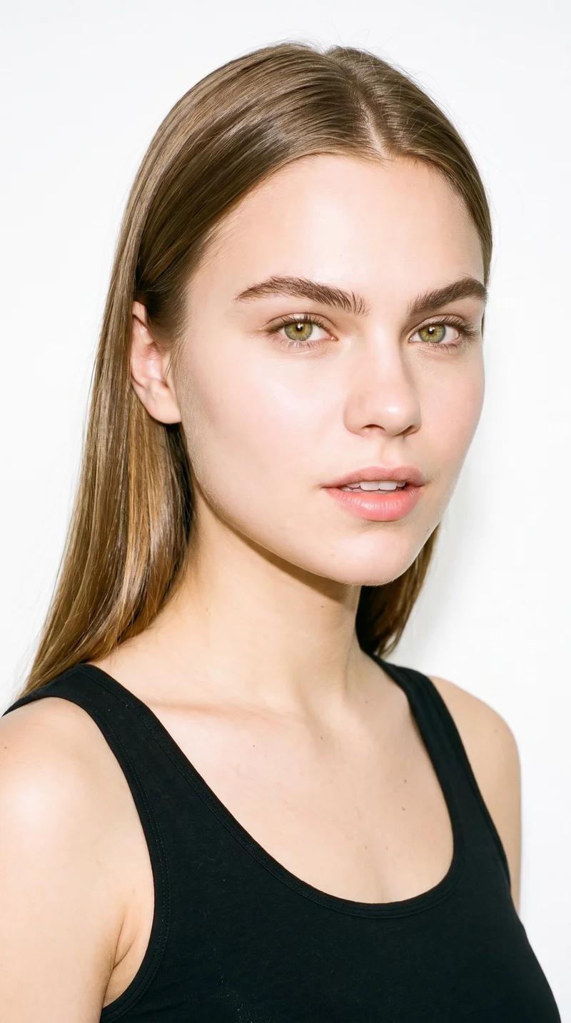 A 23-year-old Caucasian woman with porcelain skin and a warm golden undertone. She has a soft, youthful baby-face shape with full cheeks and rounded contours, thick eyebrows, green eyes, and full lips. Her light-brown hair is straight, smooth, and parted evenly at the centre.
