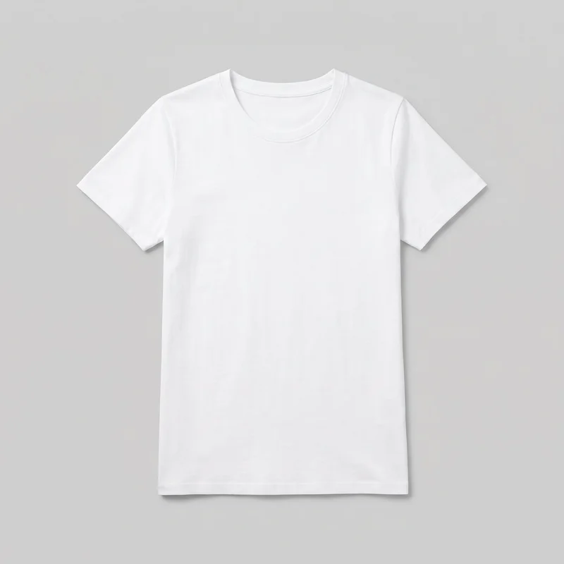 Plain white short-sleeve crew-neck T-shirt shown as a mostly complete standalone product view from the front. The full-length body, rounded bound neckline, set-in sleeves, visible shoulder seams, sleeve hems, and straight bottom hem are visible; no closures, pockets, graphics, logos, prints, or embellishments are shown.
