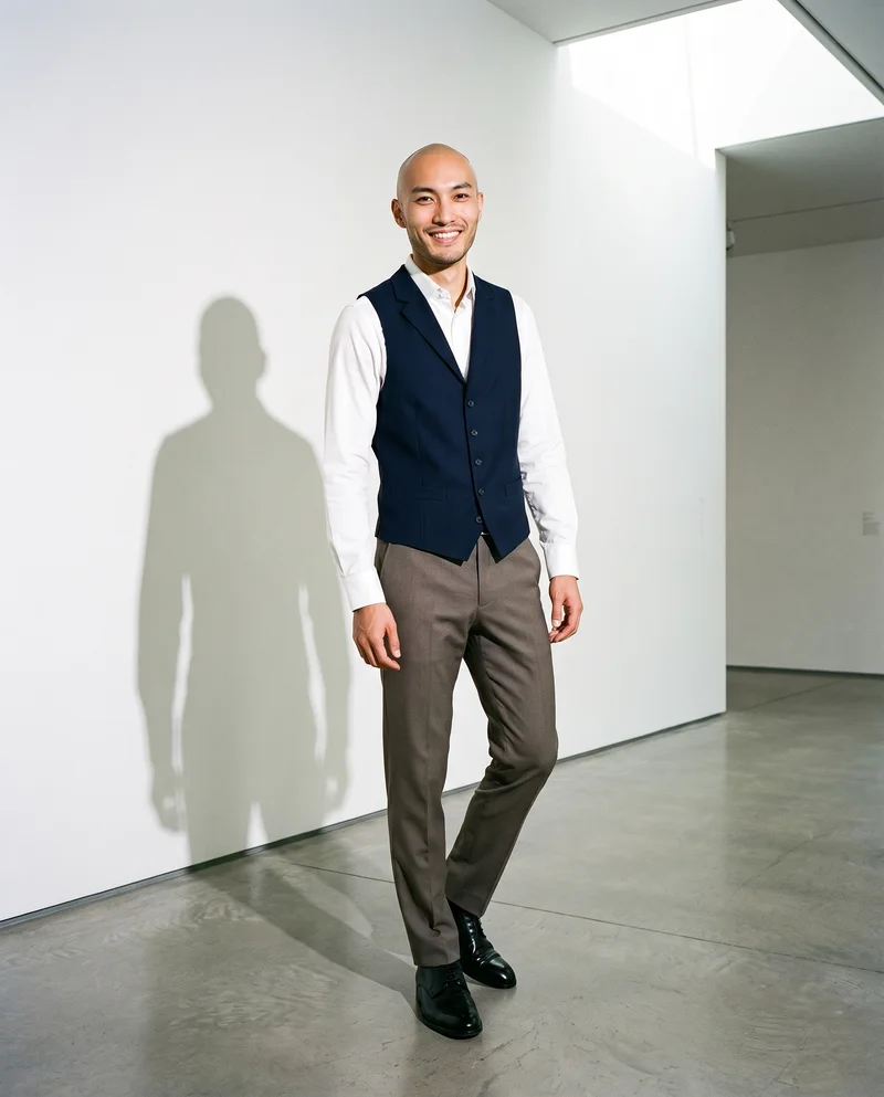 Men's Navy Wool Waistcoat, Full body at Three-quarter, Flash Editorial lighting