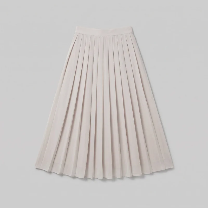 A pleated chiffon maxi skirt is laid flat in a standalone product view. The full wide straight waistband, horizontal seam, dense vertical knife pleats, flared A-line body, and straight slightly wavy hem are visible.