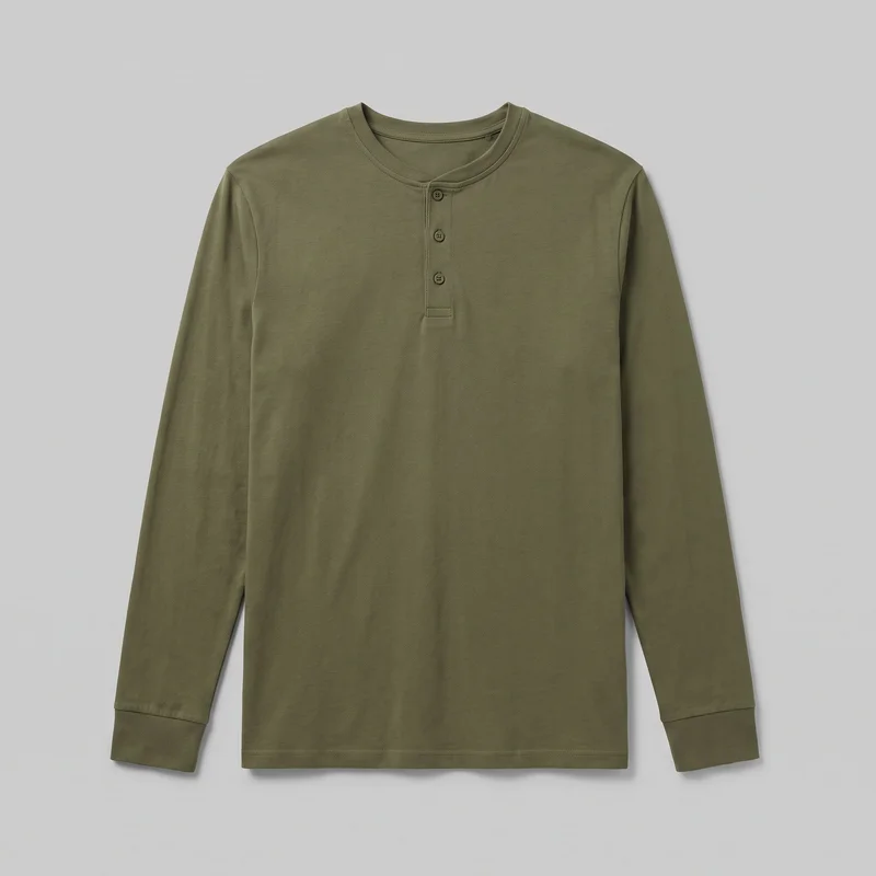 An olive long-sleeve henley shirt is shown alone from the front in a full view. It has a round banded neckline, a short centered placket with three visible buttons, full-length sleeves with ribbed cuffs, set-in shoulders, and a straight bottom hem with visible topstitching. The exterior is plain, without pockets, graphics, logos, prints, patches, embroidery, or embellishments.
