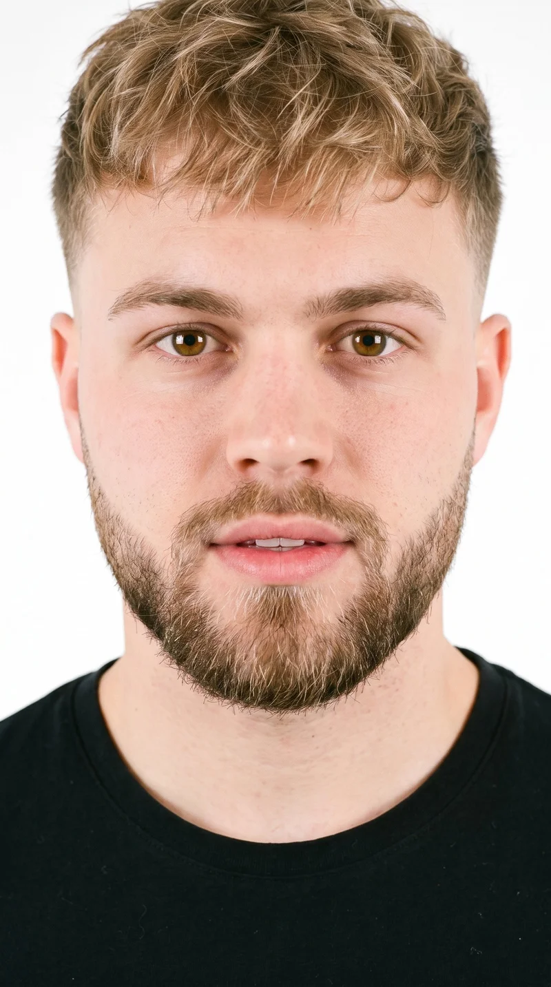 This 24-year-old Caucasian man has a medium skin tone with a cool undertone and a round face defined by soft, full contours with few angles. His eyebrows are thick, and his eyes are brown. He has medium lips and a short, textured crop with layered texture on top, closely cut sides, and darker, slightly muted blonde hair. His facial hair is a short, full beard kept evenly trimmed with clean cheek and neckline edges.